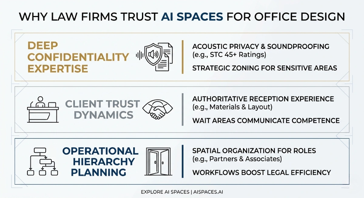 Professional infographic detailing commercial design expertise for law firms, including soundproofing, layout, and luxury interiors.